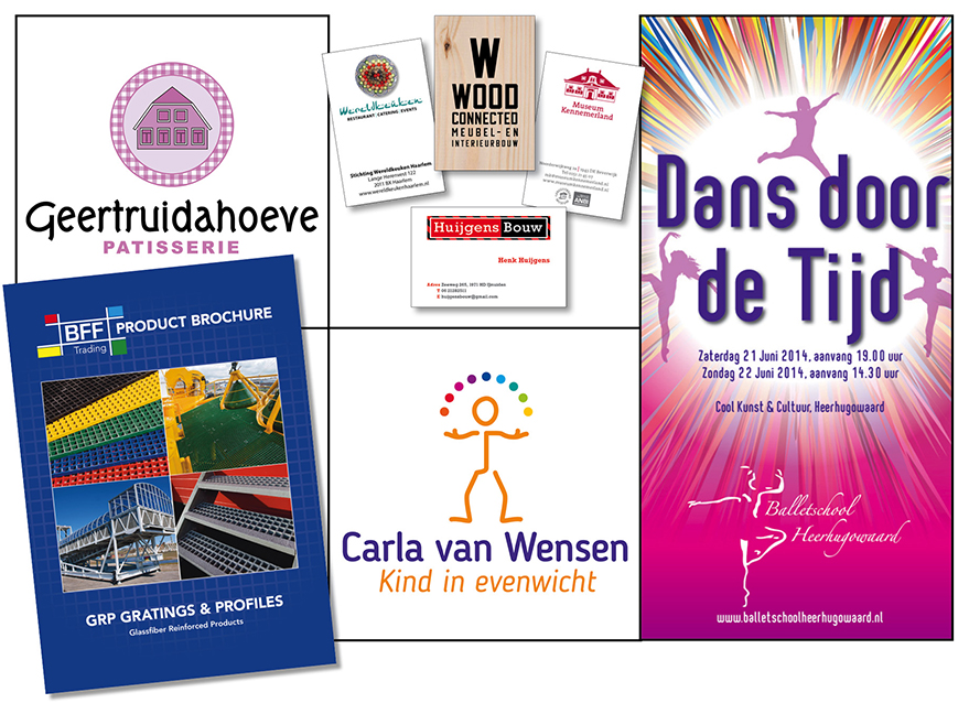 grafische ontwerpen van Willeke Vrij Vormgeving Santpoort Noord, zoals diverse visitekaartjes, logo's van De Geertruidahoeve en Carla van Wensen en een poster voor Balletschool Heerhugowaard