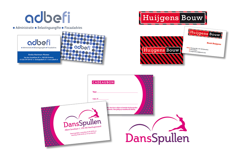 Logo en drukwerk AdBeFi, logo en visitekaartje Huijgens Bouw, logo en huisstijl DansSpullen door Willeke Vrij Vormgeving